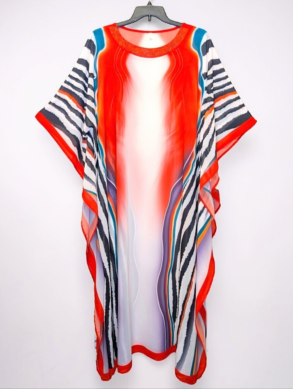 Vibrant Rhinestone Neck Caftan Maxi Resort Dress Cover Up One Size